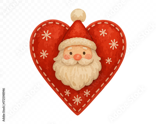 Red felt heart ornament with stitched edges, decorated with white snowflakes and featuring a smiling Santa Claus face in festive hat, cozy handmade Christmas decoration. Watercolor vector illustration