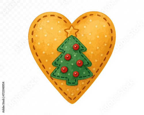 Yellow felt heart ornament with stitched edges, decorated with red dots and featuring a green Christmas tree with star and buttons, cozy handmade holiday decoration. Watercolor vector illustration.