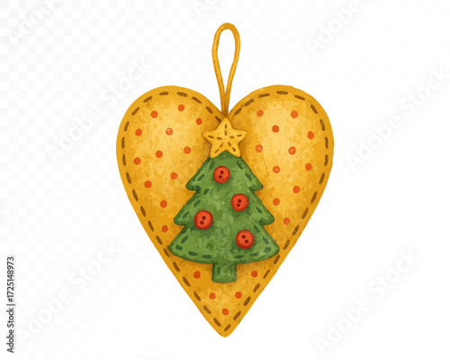 Yellow felt heart ornament with stitched edges, decorated with red dots and featuring a green Christmas tree with star and buttons, cozy handmade holiday decoration. Watercolor vector illustration.