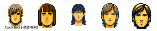 Vector avatar of a man's face with straight hair and straight bangs, yellow skin, and a serious expression.