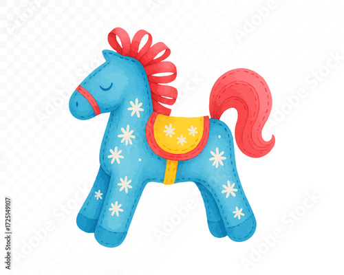 Blue felt toy horse with stitched edges, decorated with yellow saddle, white star patterns, red mane and tail, cozy handmade plush decoration in playful style. Watercolor vector illustration.