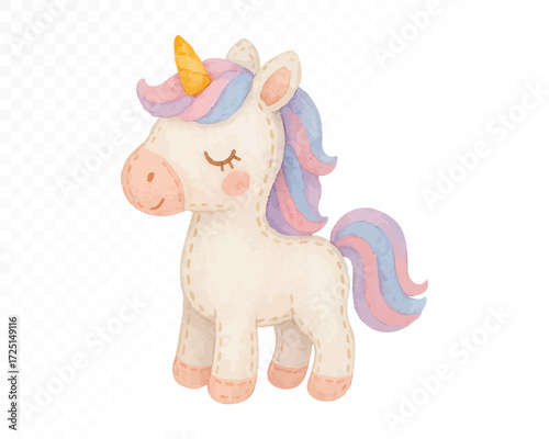 Cute felt unicorn toy with stitched edges, pastel rainbow mane and tail in pink, purple and blue, golden horn, adorable handmade plush decoration in cozy whimsical style. Watercolor vector illustratio