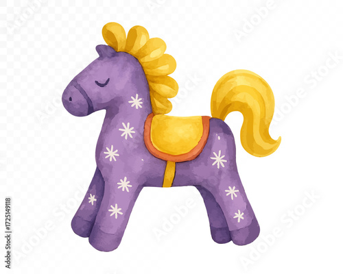 Purple felt toy horse with stitched edges, golden mane and tail, decorated with yellow saddle and white star patterns, cozy handmade decoration. Watercolor vector illustration.