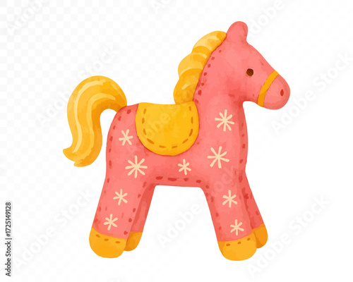 Pink felt toy horse with stitched edges, golden mane and tail, decorated with yellow saddle and white star patterns, cozy handmade cute decoration. Watercolor vector illustration.