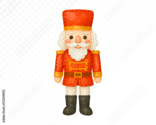 Classic felt nutcracker soldier ornament with stitched edges, red uniform and tall hat, white beard and boots, traditional handmade Christmas decoration in cozy craft style. Watercolor vector illustra