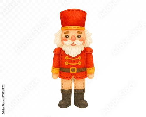 Classic felt nutcracker soldier ornament with stitched edges, red uniform and tall hat, white beard and boots, traditional handmade Christmas decoration in cozy craft style. Watercolor vector illustra