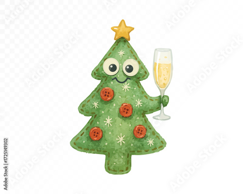 Watercolor felt Christmas tree toy with star, stitched details, funny face and buttons, holding champagne glass, handmade festive holiday decoration art. Vector illustration.