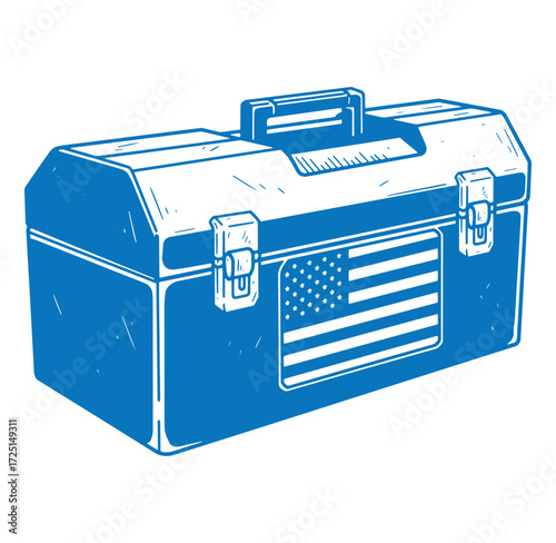 Blue metal toolbox with American flag graphic illustration isolated on white background