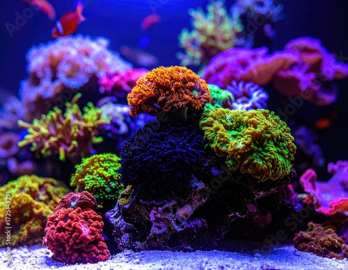 Vibrant coral reef aquarium with colorful corals and fish