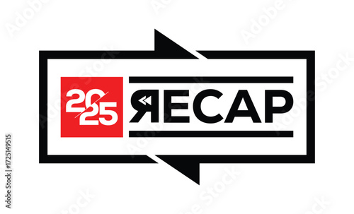 Minimalist 2025 logo design with bold black numerals above a red bar. White text "RECAP" with rewind and play symbols inside. Clean, modern, flat graphic style on white background.	