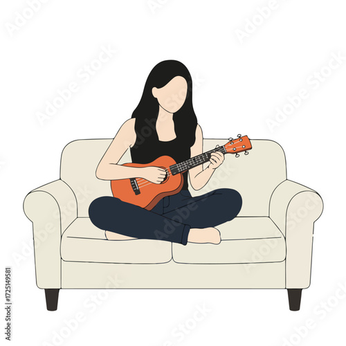 Cartoon woman playing ukulele on a couch