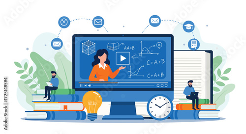 Modern online learning technology diverse students engaging with digital educational content vector