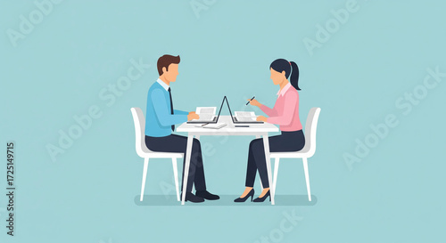 Business man and woman sitting at small white table with laptop and documents, pastel light blue background, minimalist flat style, clean space, professional teamwork vibe