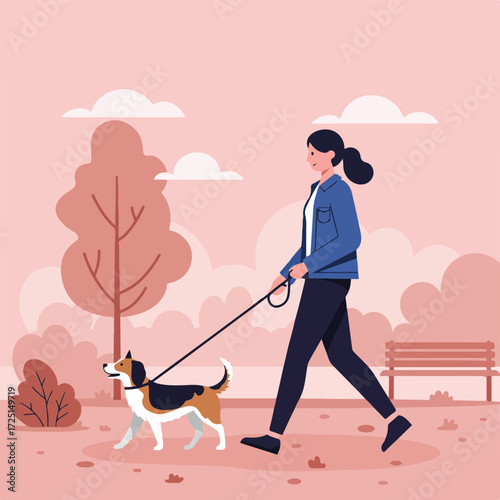 Flat illustration of a woman walking her dog in the park on a pleasant day