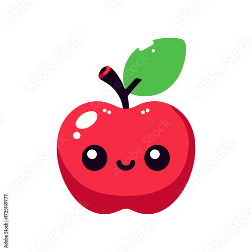 A cheerful cartoon apple with a smiling face and a green leaf, set against a plain background