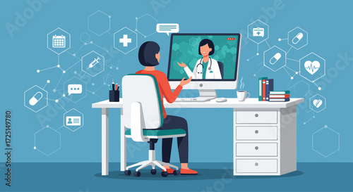 Patient consults with doctor remotely via telehealth video call with digital health icons surrounding them vector