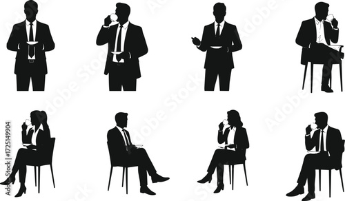 Business silhouettes, professionals, office workers, coffee break, documents, mobile phone, teamwork, workplace, communication, leadership, productivity, collaboration, corporate attire, strategy