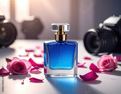 Blue perfume bottle, surrounded by rose petals and cameras