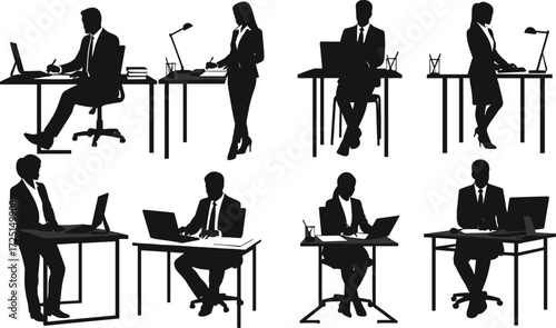 Business silhouettes, professionals, office desks, laptop work, computer use, workplace productivity, teamwork, corporate attire, writing, reading, modern office, strategy, collaboration