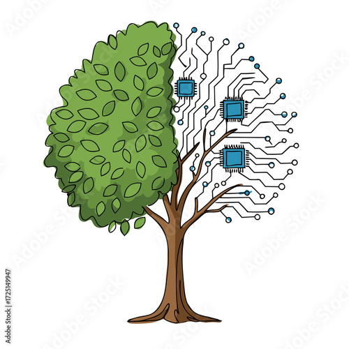 Half of the tree is nature, and half is a chip. The concept of digital transformation, the replacement of natural with artificial, and the future of ecology in the world of technology.