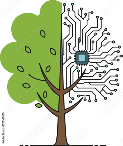 Half of the tree is nature, and half is a chip. The concept of digital transformation, the replacement of natural with artificial, and the future of ecology in the world of technology.