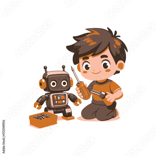 A cheerful child assembling a toy robot with tools, surrounded by a toolbox and scattered screws