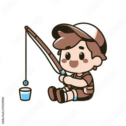 A cheerful child fishing by a serene lake, enjoying nature with a bucket nearby