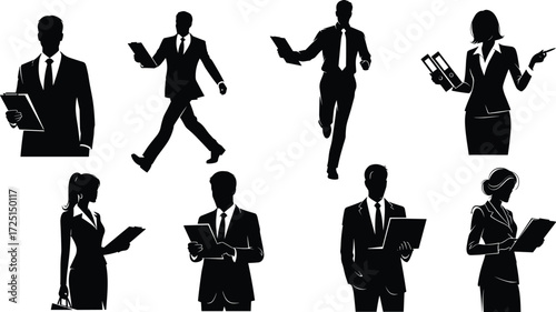 Business silhouettes, professionals, office workers, documents, folders, tablets, corporate attire, teamwork, workplace, communication, leadership,  