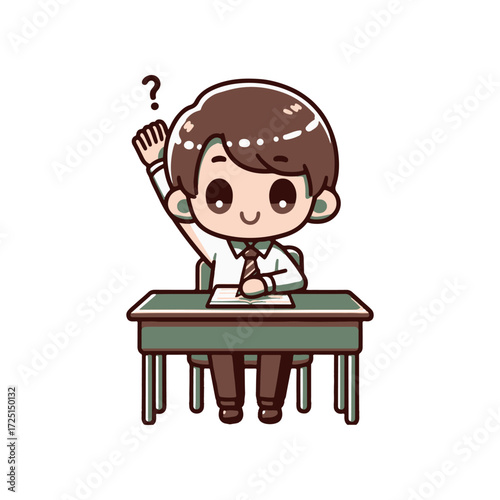 A cheerful student raising their hand in a classroom setting, eager to ask a question