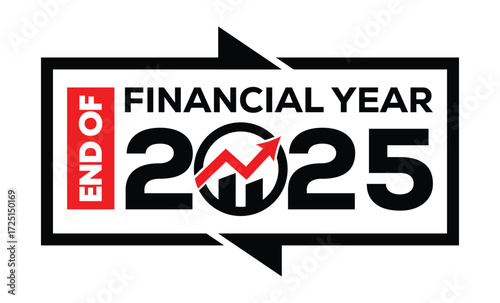 Minimalist 2025 logo design with bold black numerals above a red bar. White text "Financial Year" with rewind and play symbols inside. Clean, modern, flat graphic style on white background.
