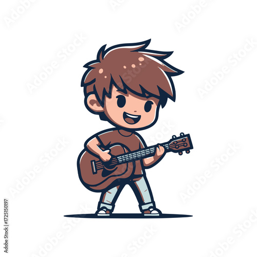A cheerful young boy playing an acoustic guitar in a vibrant, animated style, perfect for music themes