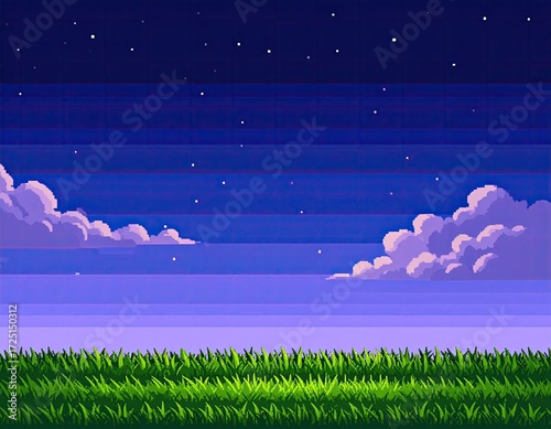 Fototapeta Naklejka Na Ścianę i Meble -  Pixelated night sky over grassy field