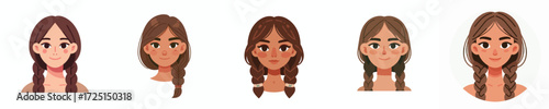 Vector Avatar of a woman's face with long hair in two braids, white skin, sweet expression