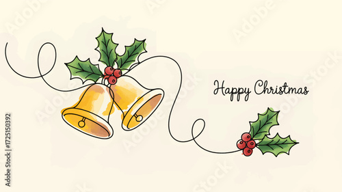 Golden christmas bells with holly leaves and berries in a delicate line art silhouette style with happy christmas text