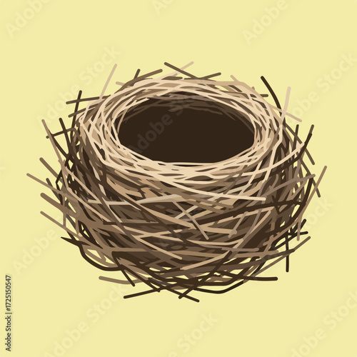 Illustration of a bird nest, empty, made of twigs on pale yellow backdrop