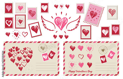 Postcard, stamps, mail with Heart hand drawn. Valentines day.	
