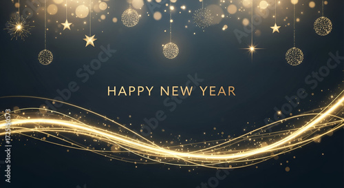 An elegant and luxurious graphic with a golden light wave and festive hanging ornaments and stars on a dark blue background for a New Year greeting.