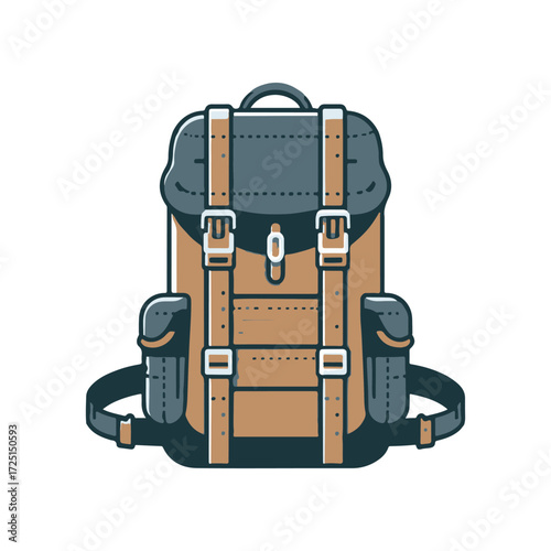 A detailed illustration of a sturdy hiking backpack with multiple compartments and straps