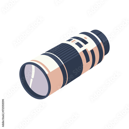 A detailed illustration of a professional camera lens with a sleek design, showcasing its features
