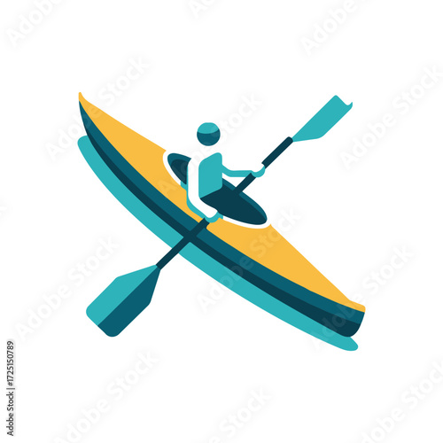 A person paddling a kayak in calm waters, enjoying a sunny day with scenic mountains in the background