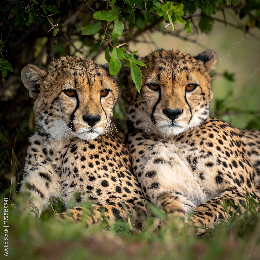 Fototapeta premium Two cheetahs resting in grass, under leaves