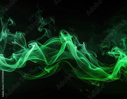 Abstract swirling, vibrant green smoke on black background