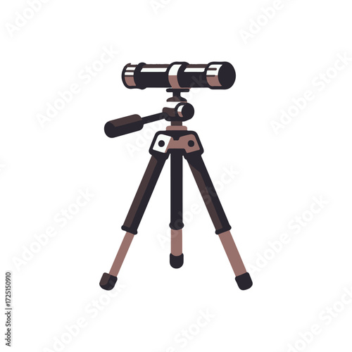 A sturdy camera tripod with a telescope mounted on top, set against a plain background for photography use