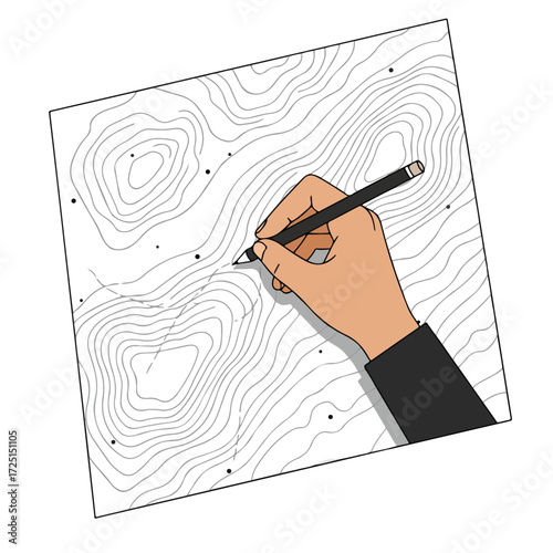 Hand draws on topographic map with pencil; elevation lines shown on a white background
