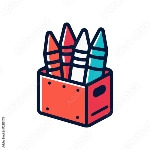 A vibrant box of colorful crayons, showcasing red, blue, and white shades, ideal for children's art projects