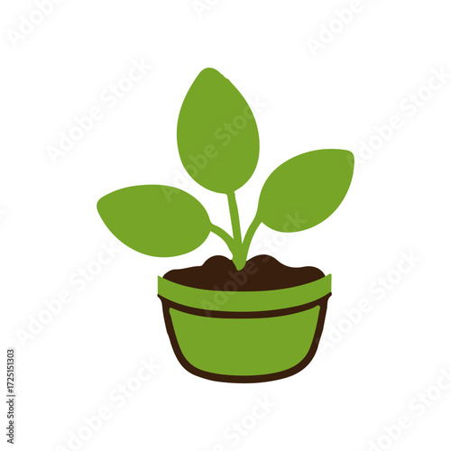 A vibrant green potted plant with broad leaves, symbolizing growth and nature in a simple design