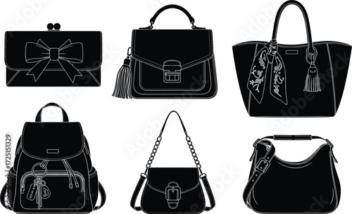 Fashion handbags, clutch, tote, backpack, shoulder bag, hobo style, bow accent, tassel detail, floral scarf, elegant accessories