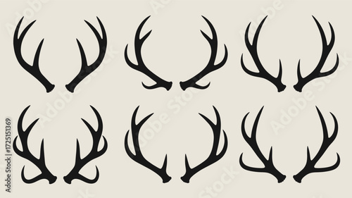 Collection of six distinct pairs of deer antlers presented as black silhouettes against a neutral background offering a graphic representation silhouette