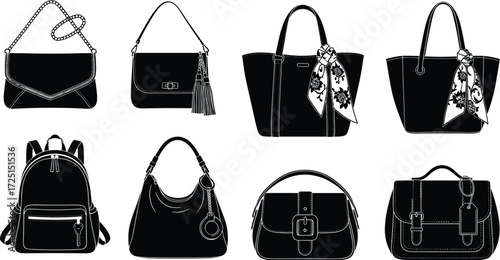 Fashion silhouette illustration of handbags, backpacks, clutch, tote, satchel, hobo bag, shoulder bag, accessories, retail catalog, apparel design, vector