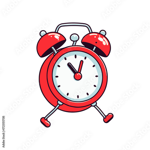 A vibrant red alarm clock with a classic design displaying the time, set against a minimalistic background